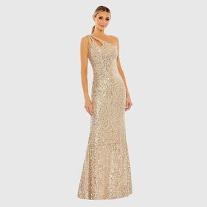 NWT $358 MAC DUGGAL SEQUINED STRAPPY ONE SHOULDER COLUMN GOWN DRESS 42029 GOLD